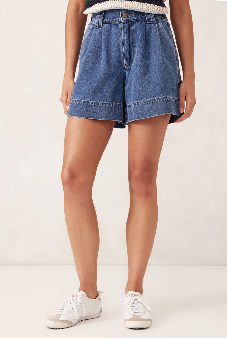 Pleat Front Short - Washed Indigo