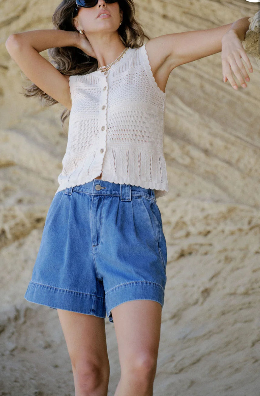 Pleat Front Short - Washed Indigo