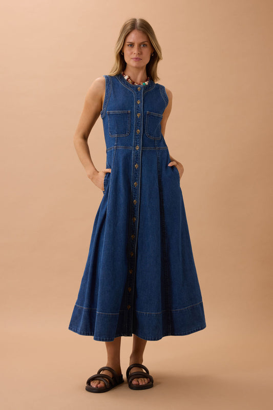 Hazel Midi Sleeveless Shirt Dress - Caspian Blue