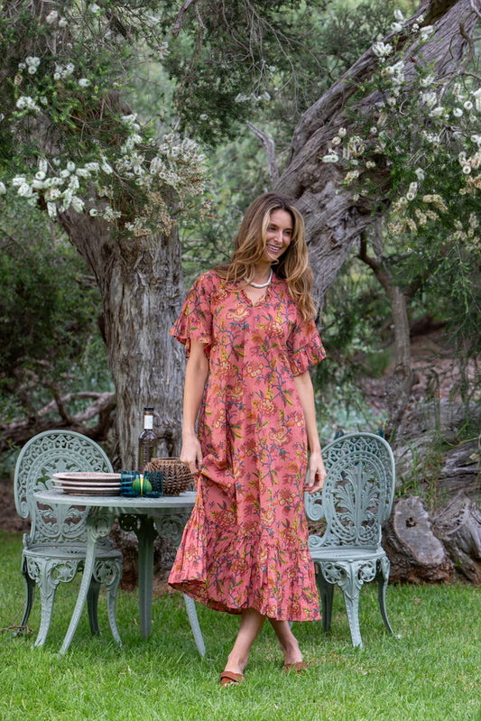 Charleston Frill Dress - Deep Coral