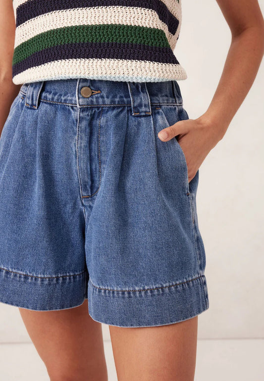 Pleat Front Short - Washed Indigo