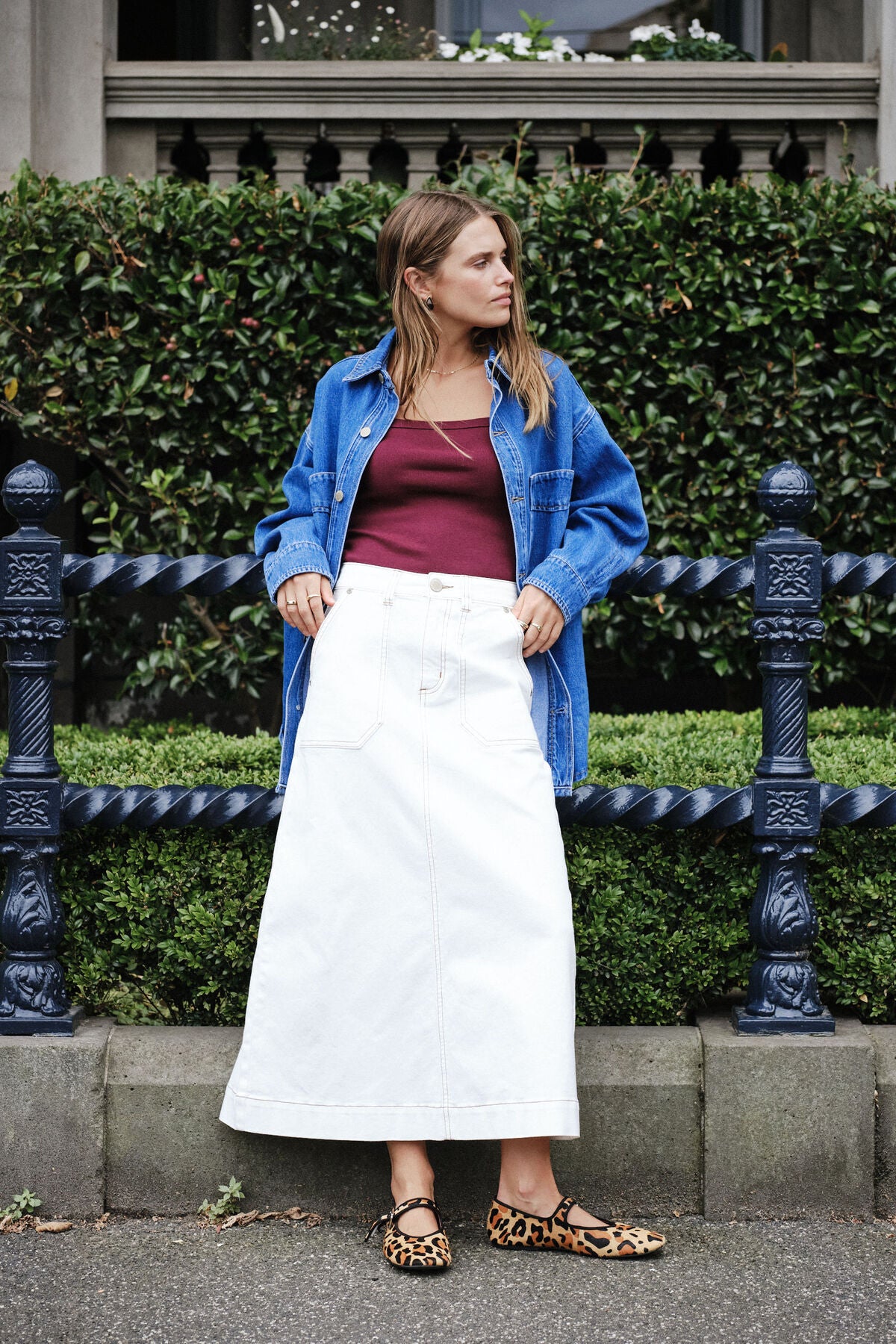 Patch Pocket Denim Midi Skirt