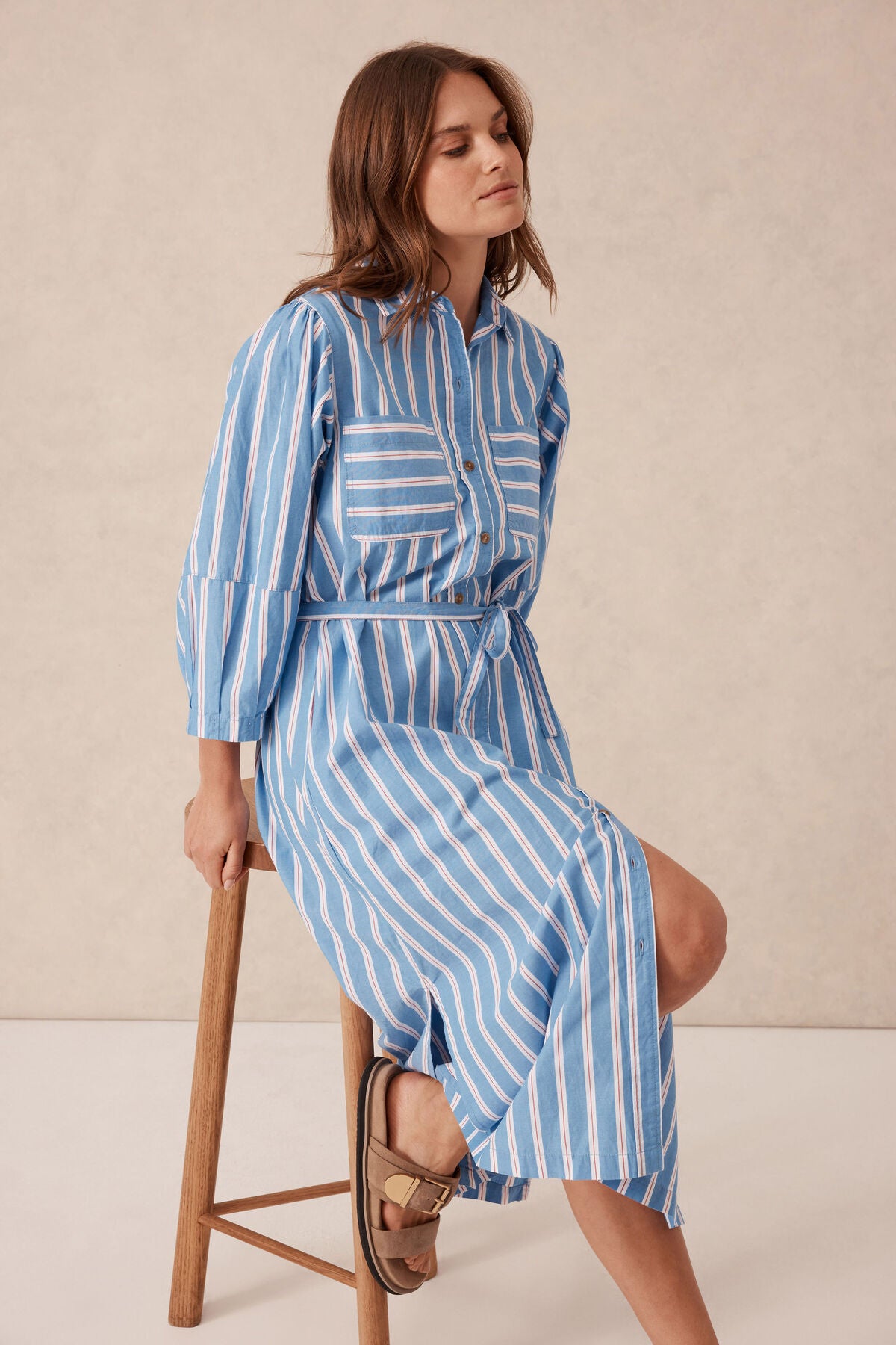 Midi Shirt Dress - Blue/White/ Red Stripe