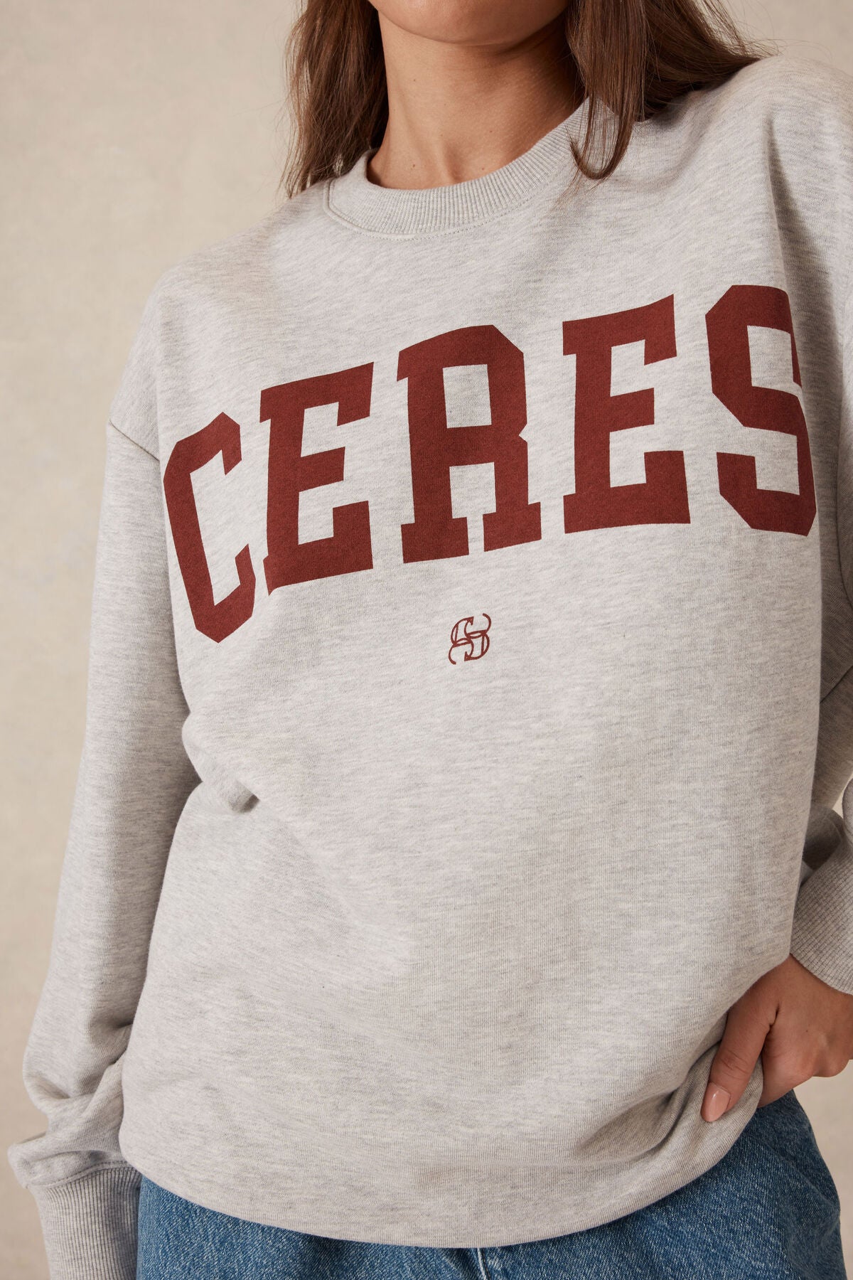 Oversized Slouchy Crew- Grey Marle Heritage Logo