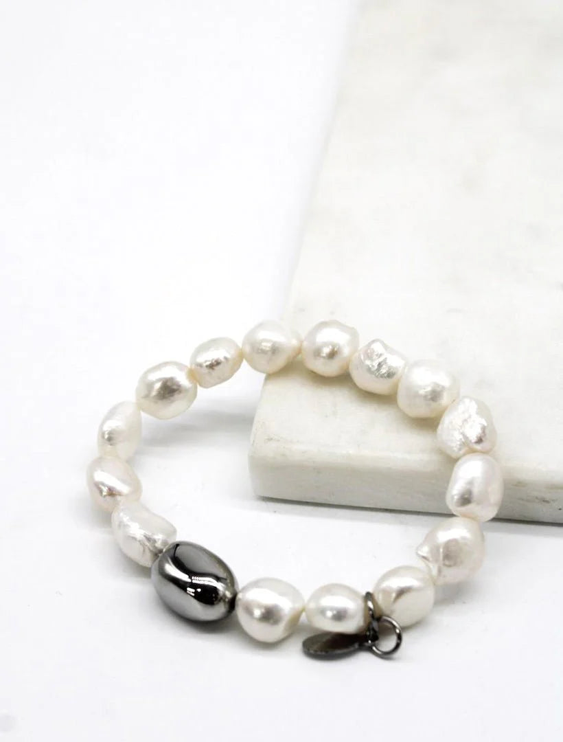 White Pearl Silver Bean Bracelet