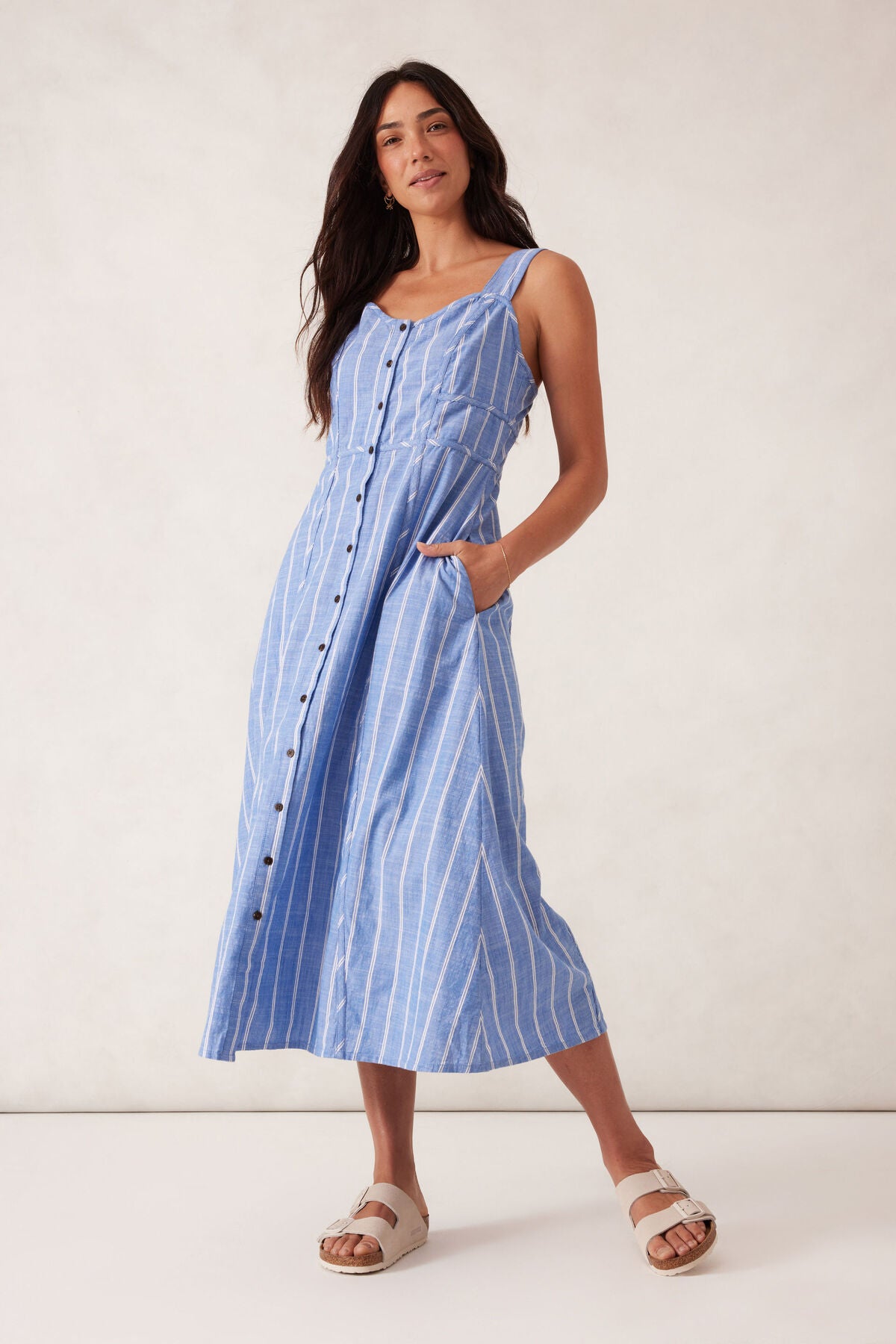 Strappy Placket Dress - Oxford Blue/White Twin Stripe