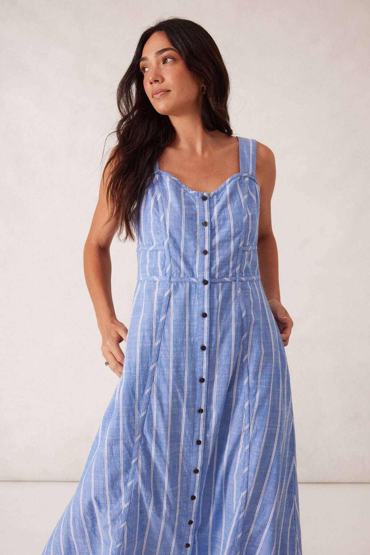 Strappy Placket Dress - Oxford Blue/White Twin Stripe