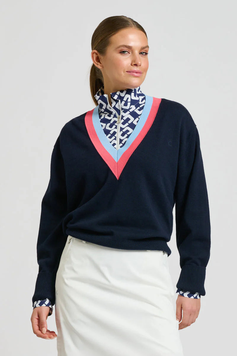 Club Links Sweater - French Navy Coral Blue