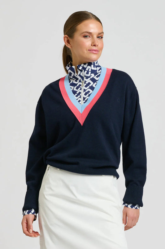 Club Links Sweater - French Navy Coral Blue