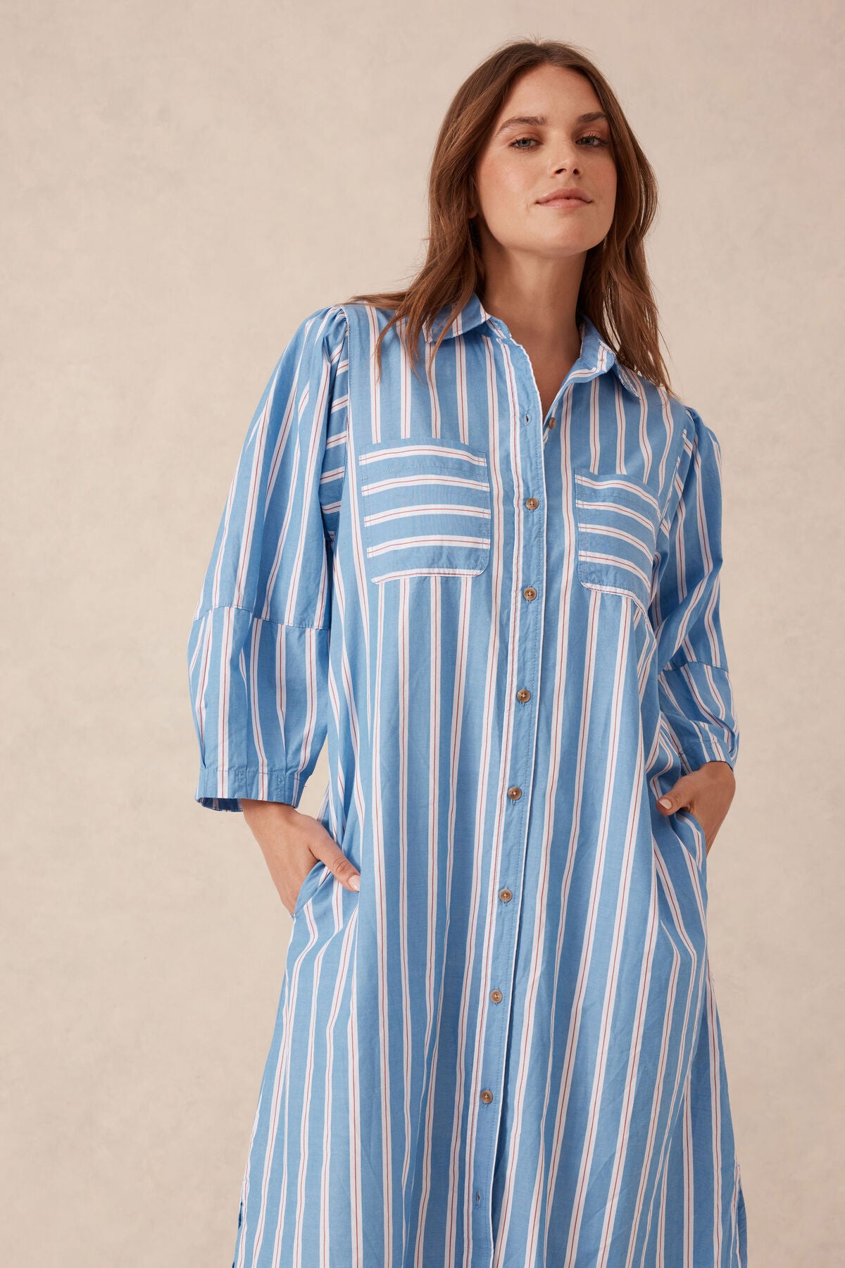 Midi Shirt Dress - Blue/White/ Red Stripe