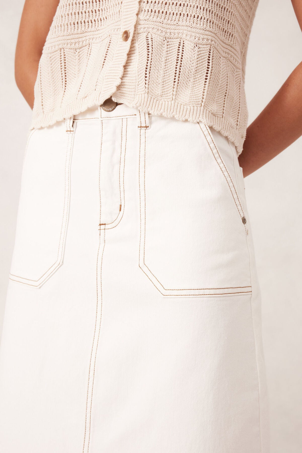 Patch Pocket Denim Midi Skirt