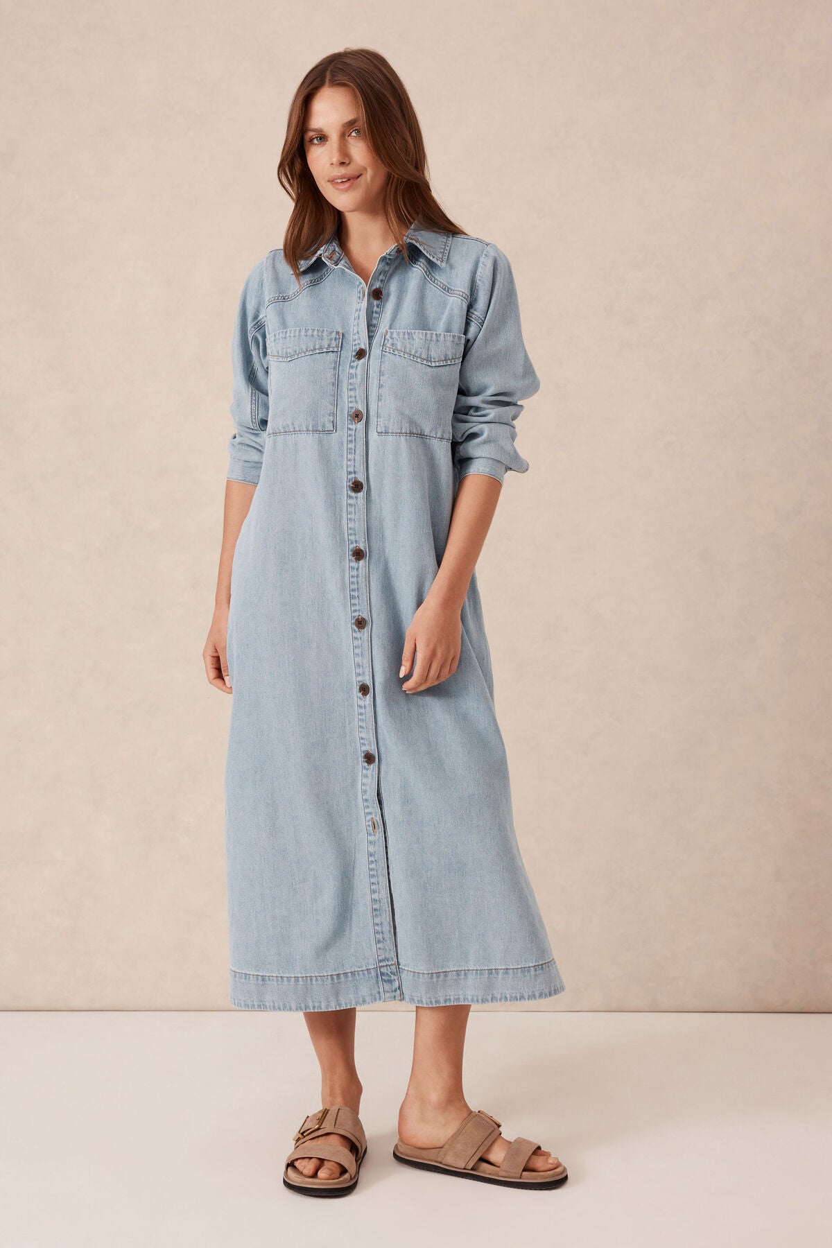 Long Sleeve Yoke Detail Midi Denim Dress